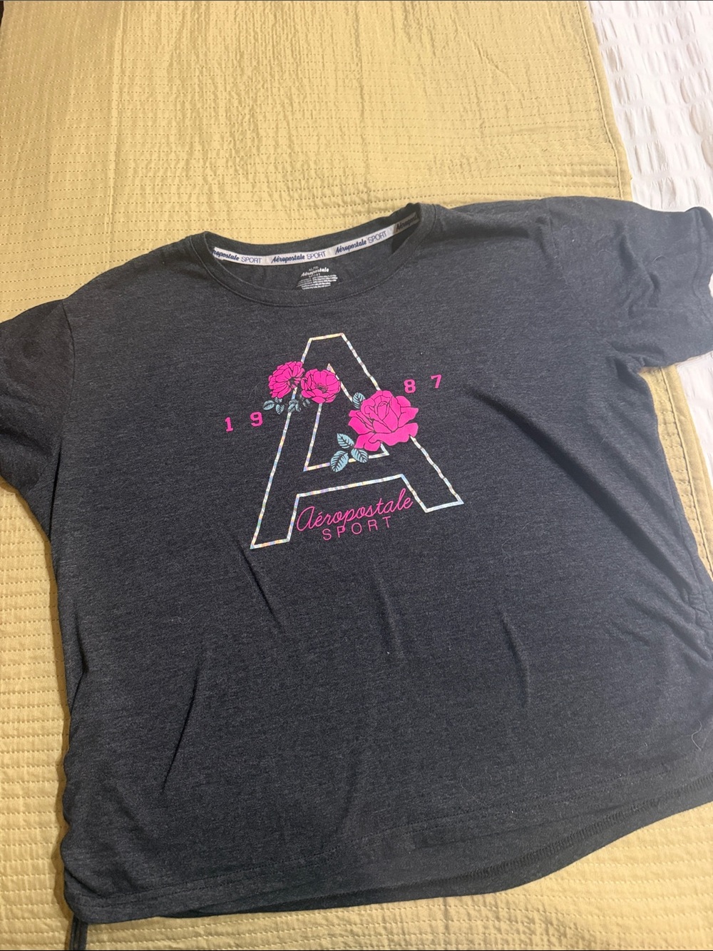Aeropostale Charcoal Tee with Pink Floral 'A' Graphic